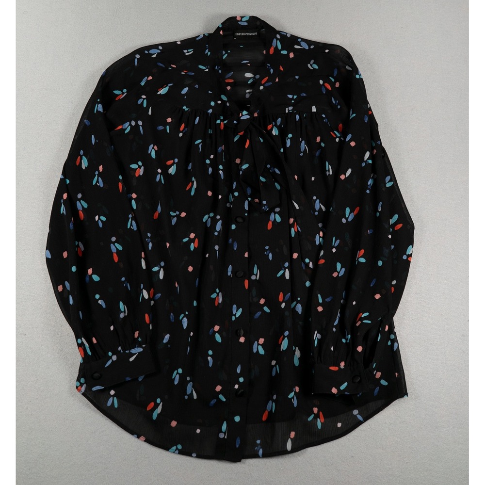 Emporio Armani Black Abstract Print Pussybow Chiffon Blouse Long Sleeve Size 40